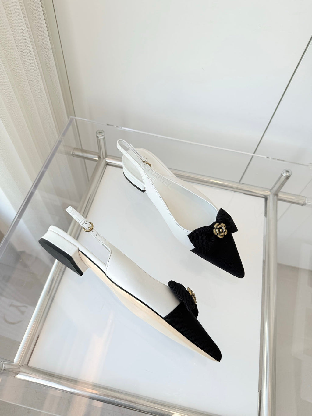 SLINGBACKS 18 MM IN WHITE CALFSKIN MIX BLACK CANVAS