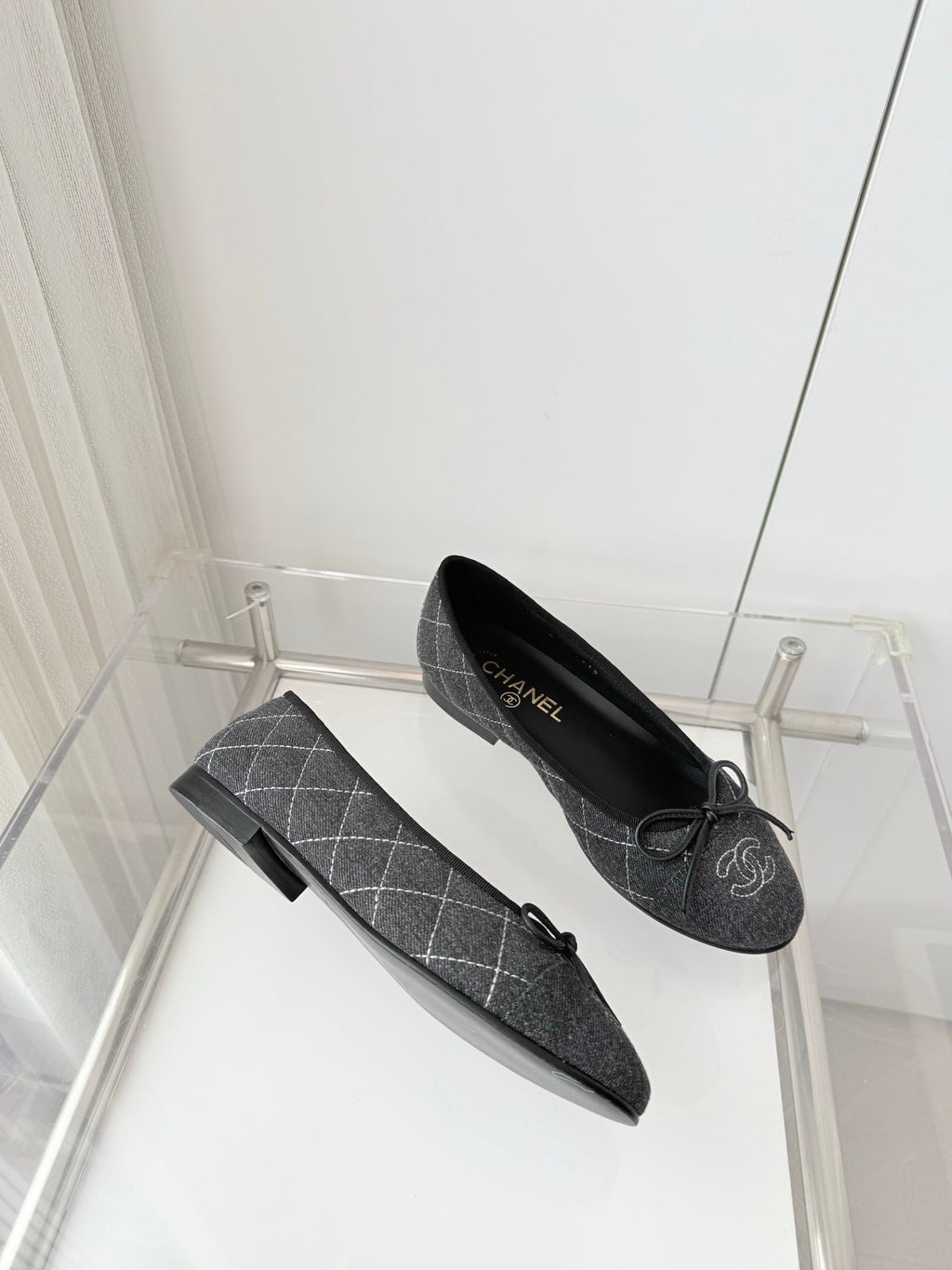 CHANEL 26S BALLET FLATS IN GREY DENIM WITH BOW