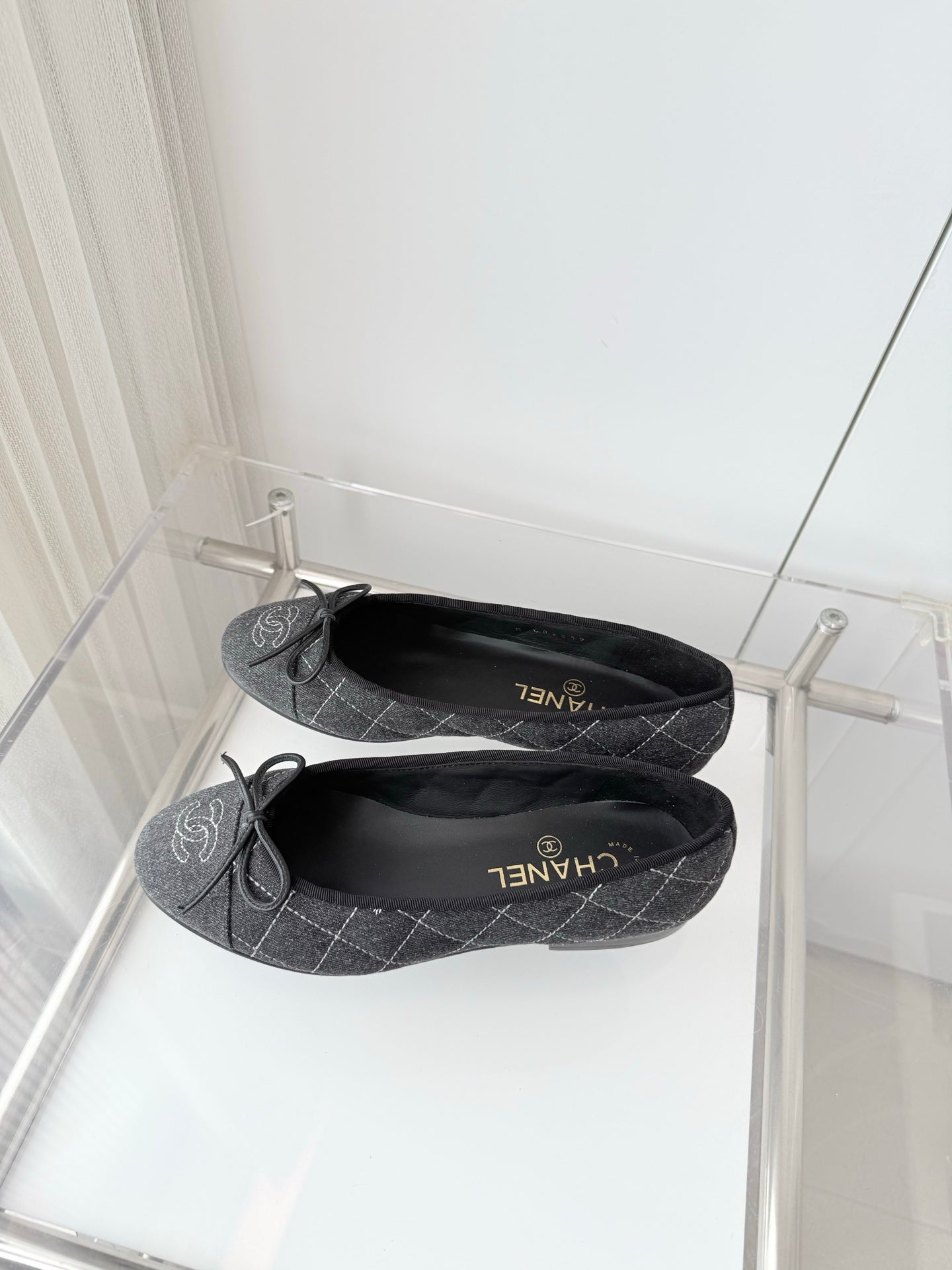 CHANEL 26S BALLET FLATS IN GREY DENIM WITH BOW