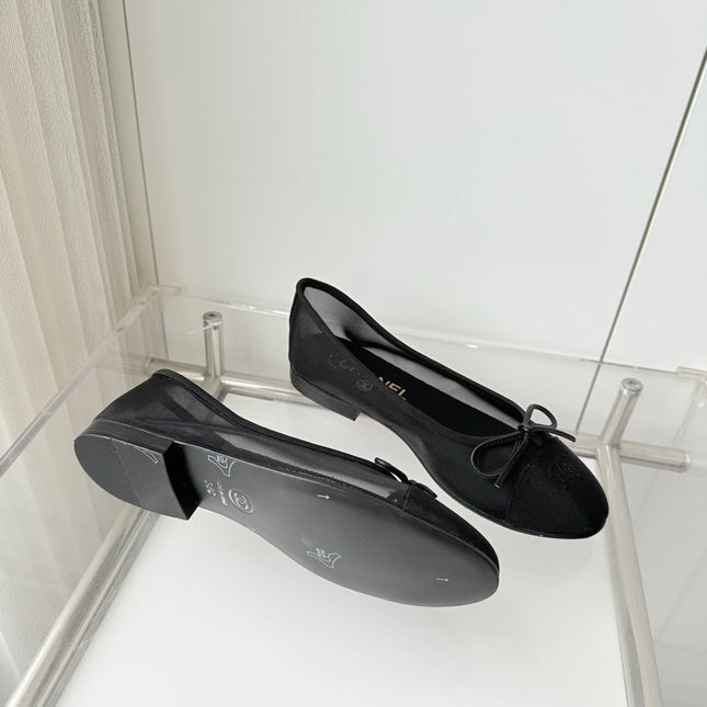 CHANEL 26S BALLET FLATS IN BLACK MESH TOE CAP AND BOW
