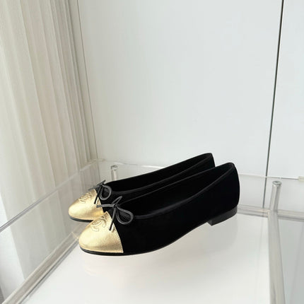 CHANEL 26S BALLET FLATS IN BLACK SUEDE WITH GOLD TOE CAP AND BOW