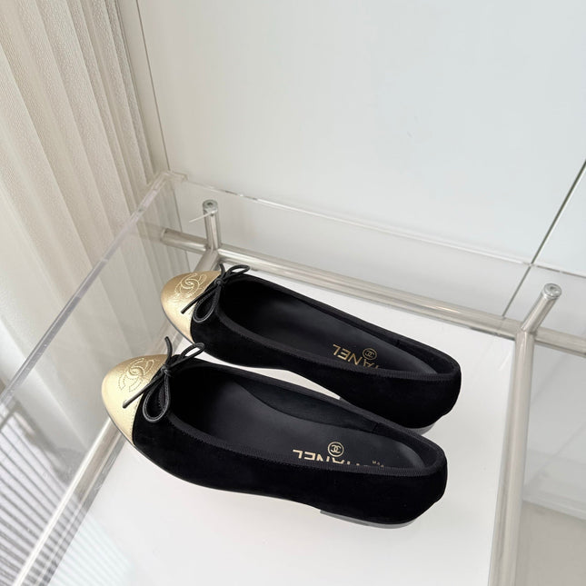 CHANEL 26S BALLET FLATS IN BLACK SUEDE WITH GOLD TOE CAP AND BOW