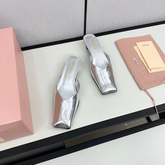 SQUARE TOE MULES SILVER SHEEPSKIN