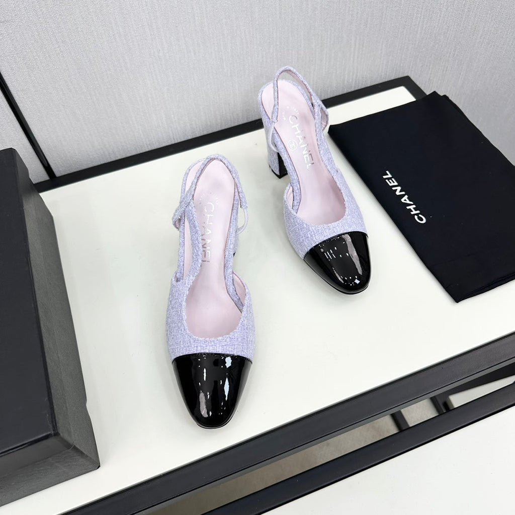 HIGH SLINGBACK LIGHT BLUE TWEED AND BLACK CALFSKIN