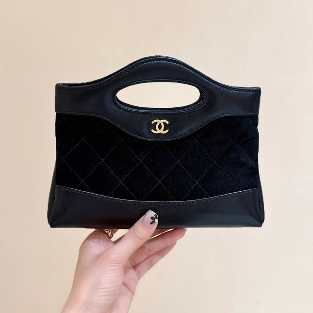 25S CHANEL MINI SHOPPING BAG 20 IN BLACK SUEDE CALFSKIN