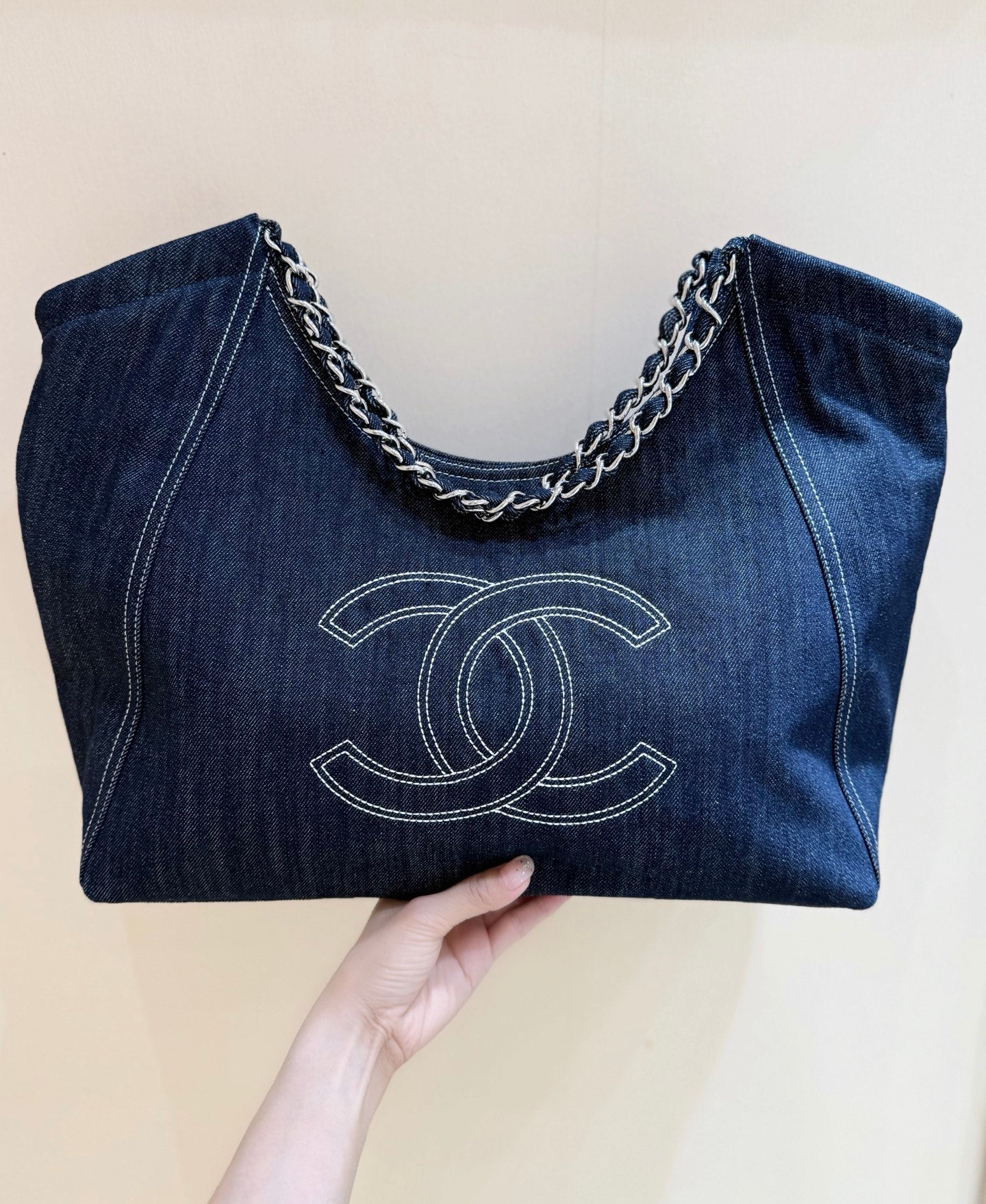 CHANEL 25S VINTEGA DENIM TOTE BAG 48 IN BLUE DENIM SILVER HARDWARE
