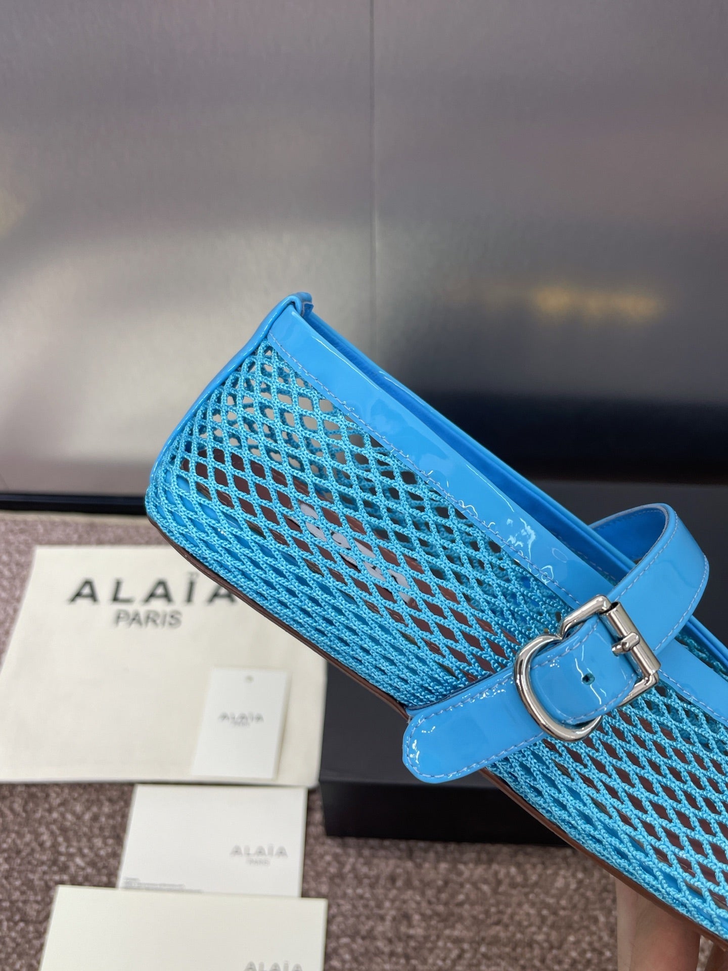 ALAIA MARY JANE FLAT 25S IN BLUE MESH CALFSKIN