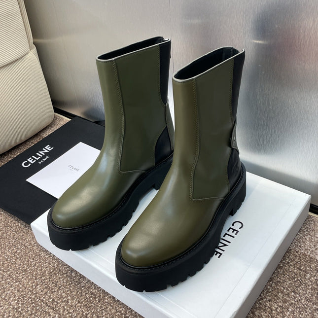 CELINE 26S ANKLE BOOTS 45 MM IN MOSS GREEN CALFSKIN