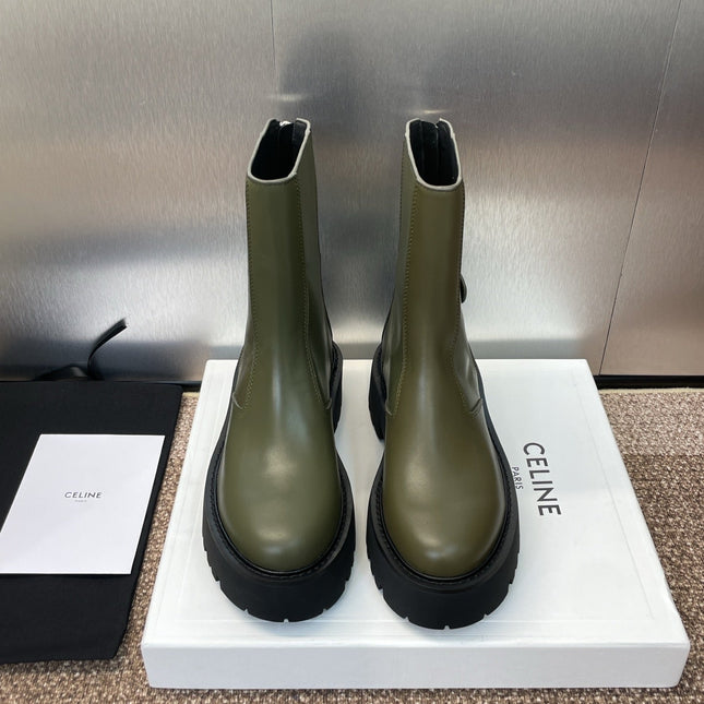 CELINE 26S ANKLE BOOTS 45 MM IN MOSS GREEN CALFSKIN