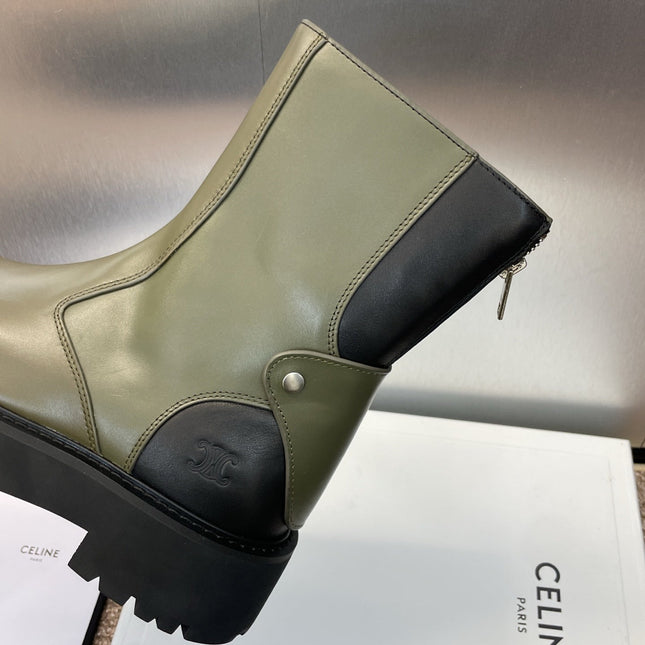 CELINE 26S ANKLE BOOTS 45 MM IN MOSS GREEN CALFSKIN