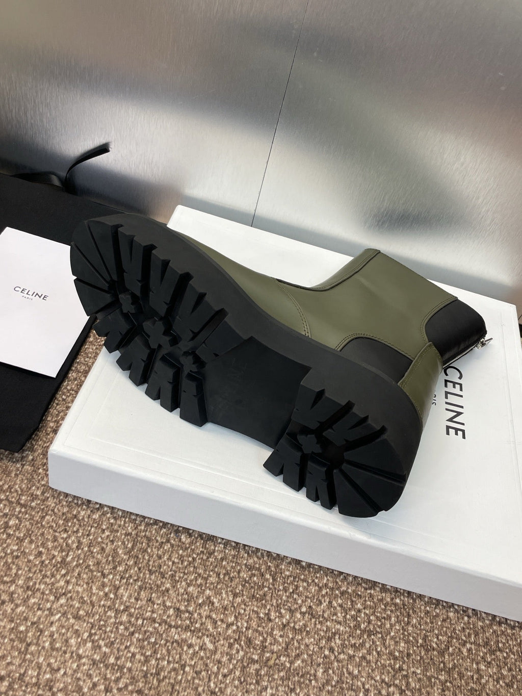 CELINE 26S ANKLE BOOTS 45 MM IN MOSS GREEN CALFSKIN