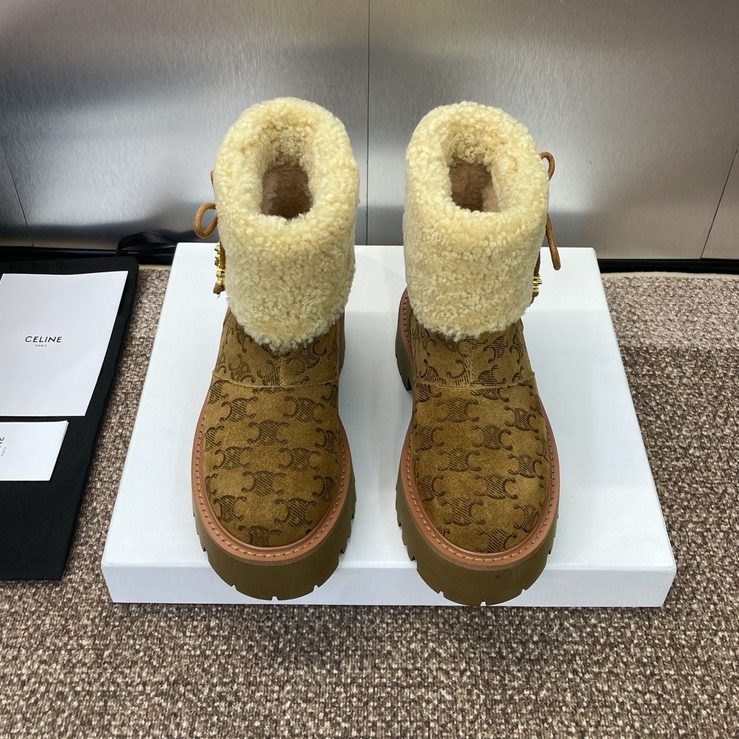 CELINE 26S ANKLE BOOTS 45 MM IN BROWN SUEDE AND BEIGE WOOL