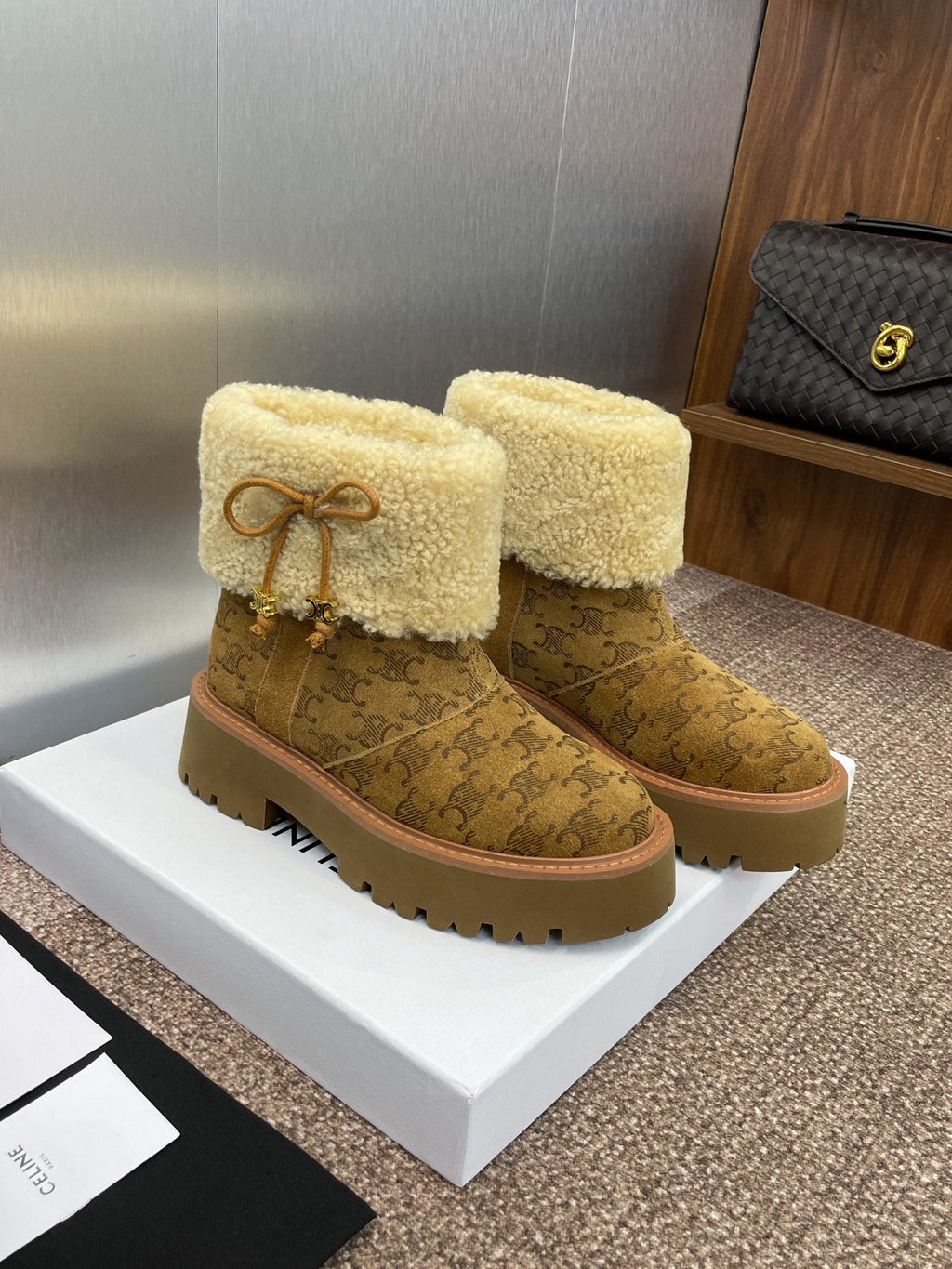 CELINE 26S ANKLE BOOTS 45 MM IN BROWN SUEDE AND BEIGE WOOL
