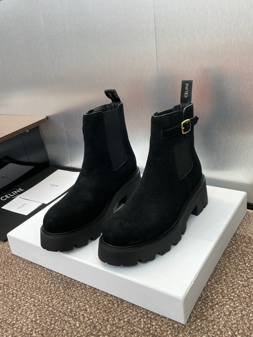CELINE 26S ANKLE BOOTS 45 MM IN BLACK SUEDE