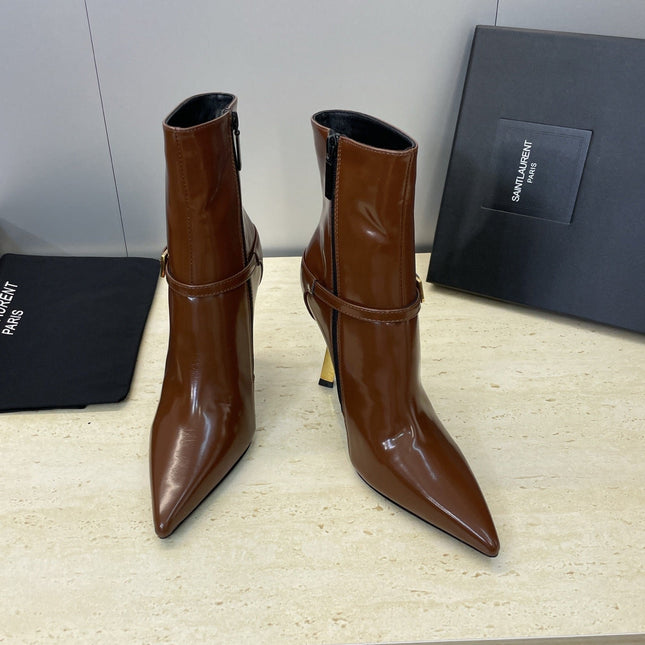 YSL 25S POINTED-TOE HIGH-HEEL ANKLE BOOTS 95 MM IN BROWN LAMBSKIN WITH GOLD HARDWARE
