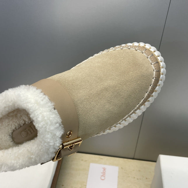 CHLOÉ 26S FUR-LINED WEDGE MULES IN DARK BEIGE SUEDE