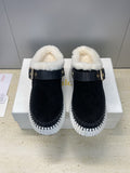 CHLOÉ 26S FUR-LINED WEDGE MULES IN BLACK SUEDE