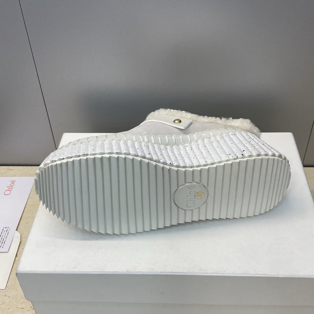 CHLOÉ 26S FUR-LINED WEDGE MULES IN LIGHT GREY SUEDE