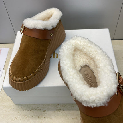 CHLOÉ 26S FUR-LINED WEDGE MULES IN BROWN SUEDE