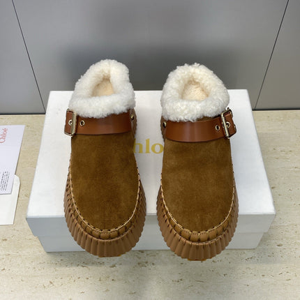 CHLOÉ 26S FUR-LINED WEDGE MULES IN BROWN SUEDE