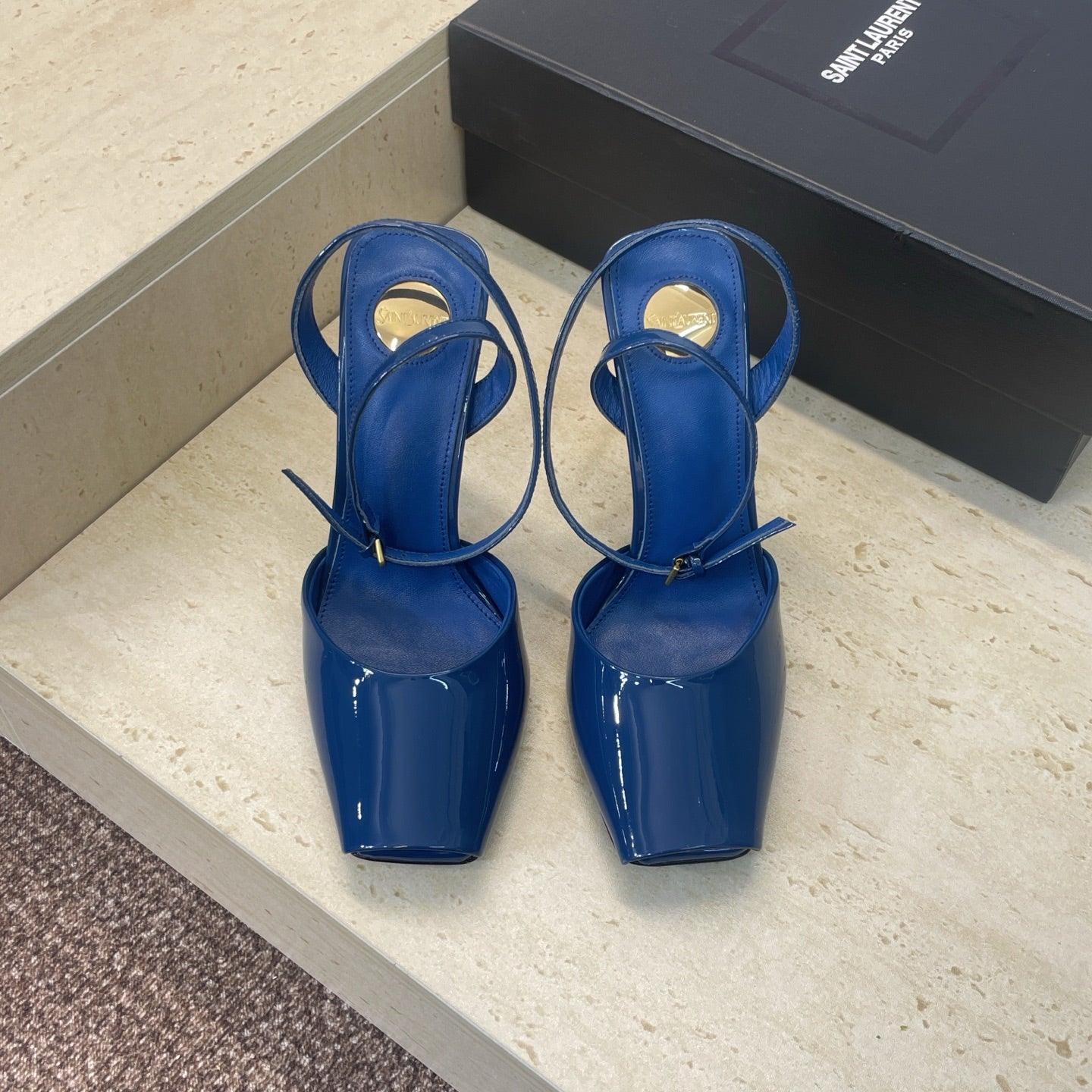 YSL 26S HEELED SANDALS 95 MM IN DARK BLUE CALFSKIN