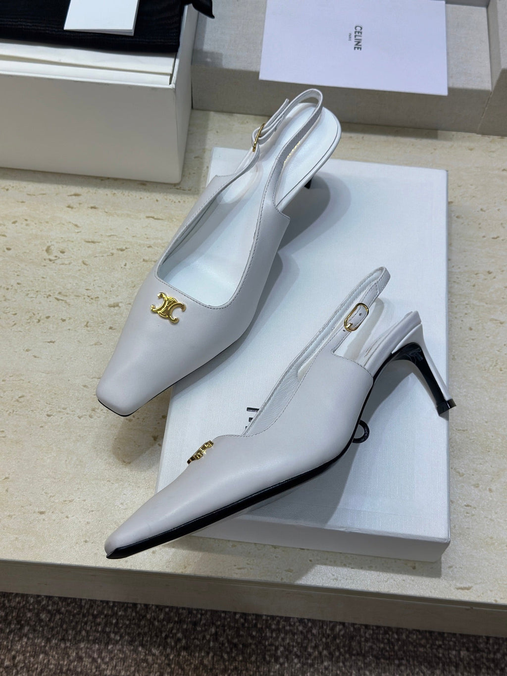CELINE 26S SLINGBACK HEELS 65 MM IN WHITE CALFSKIN