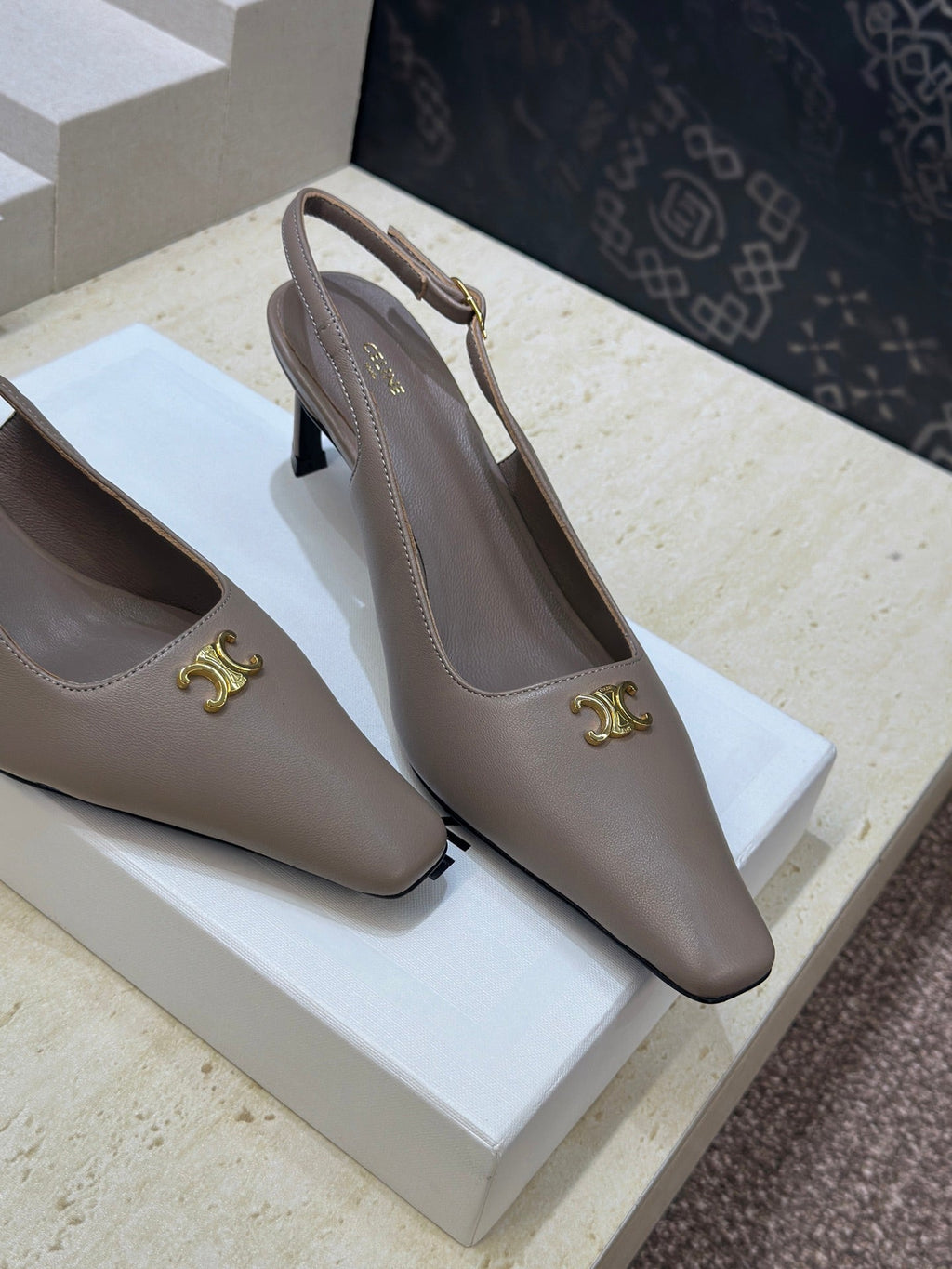CELINE 26S SLINGBACK HEELS 65 MM IN BEIGE GREY CALFSKIN