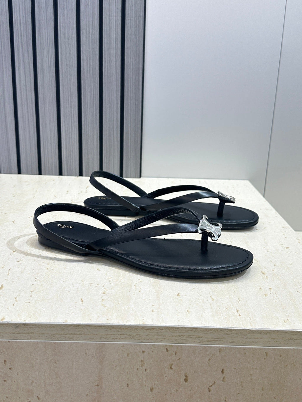 CELINE 26S THONG SANDALS IN BLACK CALFSKIN