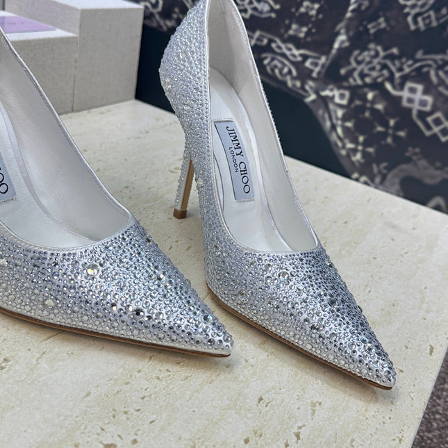 JIMMY CHOO 26S HIGH HEELS 95 MM IN SILVER CRYSTAL-EMBELLISHED