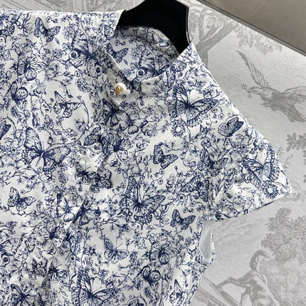 CD Short Dress White Cotton Muslin with Blue Butterfly Motif