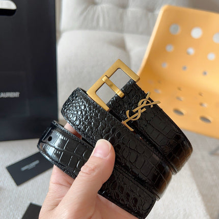 YSL 25S BELT 30 MM IN BLACK CALFSKIN SNAKE-EMBOSSED 571011