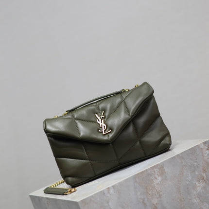 YSL 25S LOULOU PUFFER MINI 23 IN DARK OLIVE CALFSKIN GOLD HARDWARE