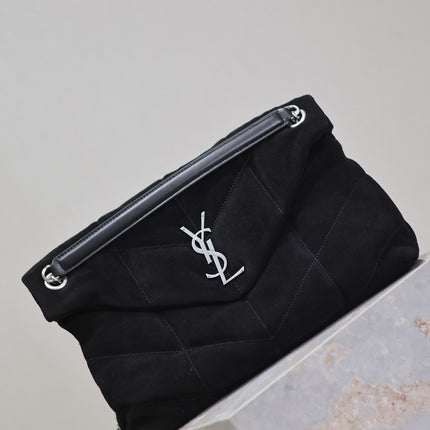 YSL 25S LOULOU PUFFER GM 35 IN BLACK SUEDE SILVER HARDWARE
