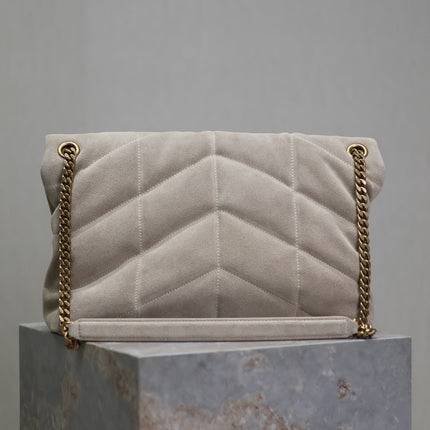 YSL 25S LOULOU PUFFER GM 35 IN SMOKEY TAUPE SUEDE GOLD HARDWARE