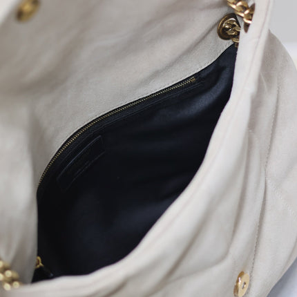 YSL 25S LOULOU PUFFER GM 35 IN SMOKEY TAUPE SUEDE GOLD HARDWARE