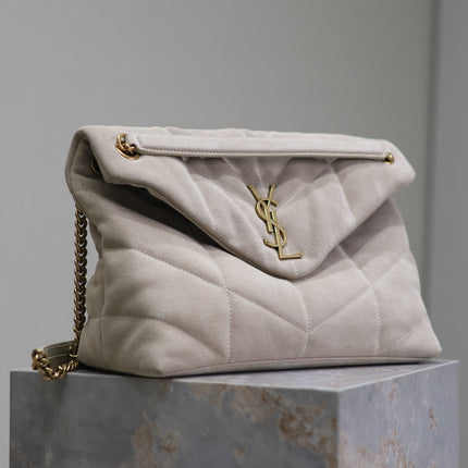 YSL 25S LOULOU PUFFER GM 35 IN SMOKEY TAUPE SUEDE GOLD HARDWARE