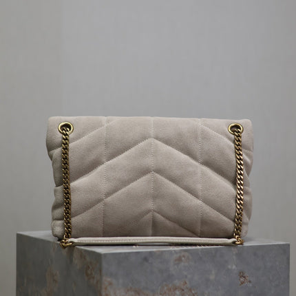 YSL 25S LOULOU PUFFER MM 29 IN SMOKEY TAUPE SUEDE GOLD HARDWARE