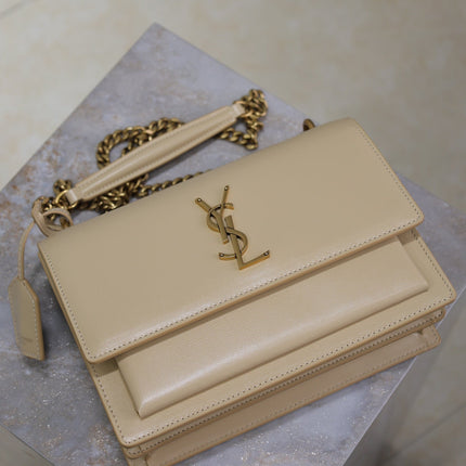 YSL 25S SUNSET BAG 22 IN NUDE CALFSKIN GOLD HARDWARE
