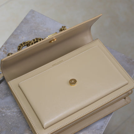 YSL 25S SUNSET BAG 22 IN NUDE CALFSKIN GOLD HARDWARE