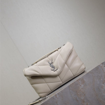 YSL 25S LOULOU PUFFER MINI 23 IN SMOKEY TAUPE CALFSKIN SILVER HARDWARE