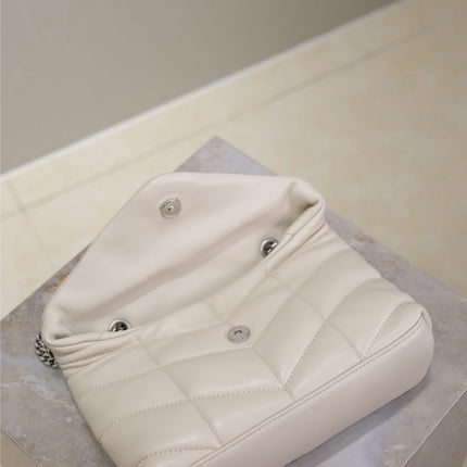 YSL 25S LOULOU PUFFER MINI 23 IN SMOKEY TAUPE CALFSKIN SILVER HARDWARE