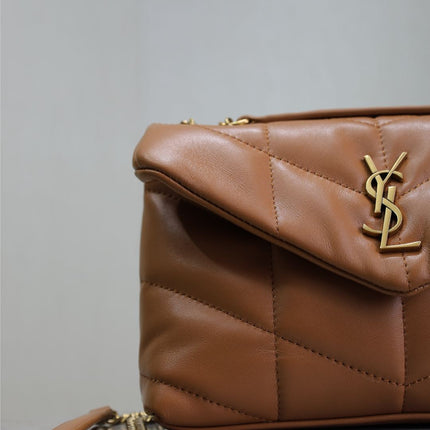 YSL 25S LOULOU PUFFER MINI 23 IN CARAMEL CALFSKIN GOLD HARDWARE