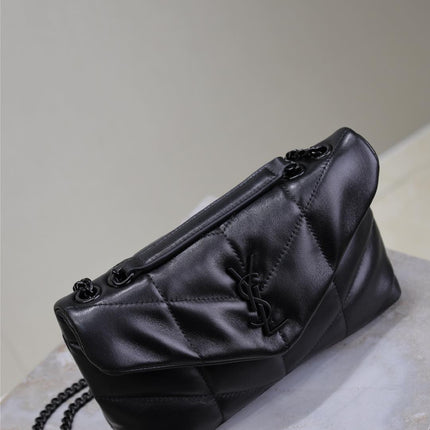 YSL 25S LOULOU PUFFER MINI 23 IN BLACK CALFSKIN BLACK HARDWARE