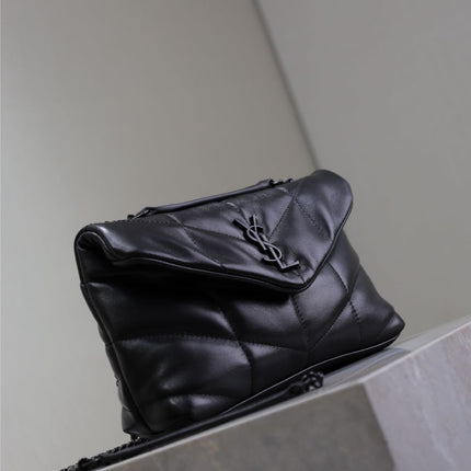 YSL 25S LOULOU PUFFER MINI 23 IN BLACK CALFSKIN BLACK HARDWARE