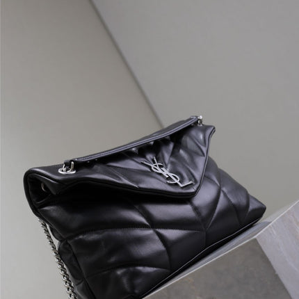 YSL 25S LOULOU PUFFER GM 35 IN BLACK CALFSKIN SILVER HARDWARE