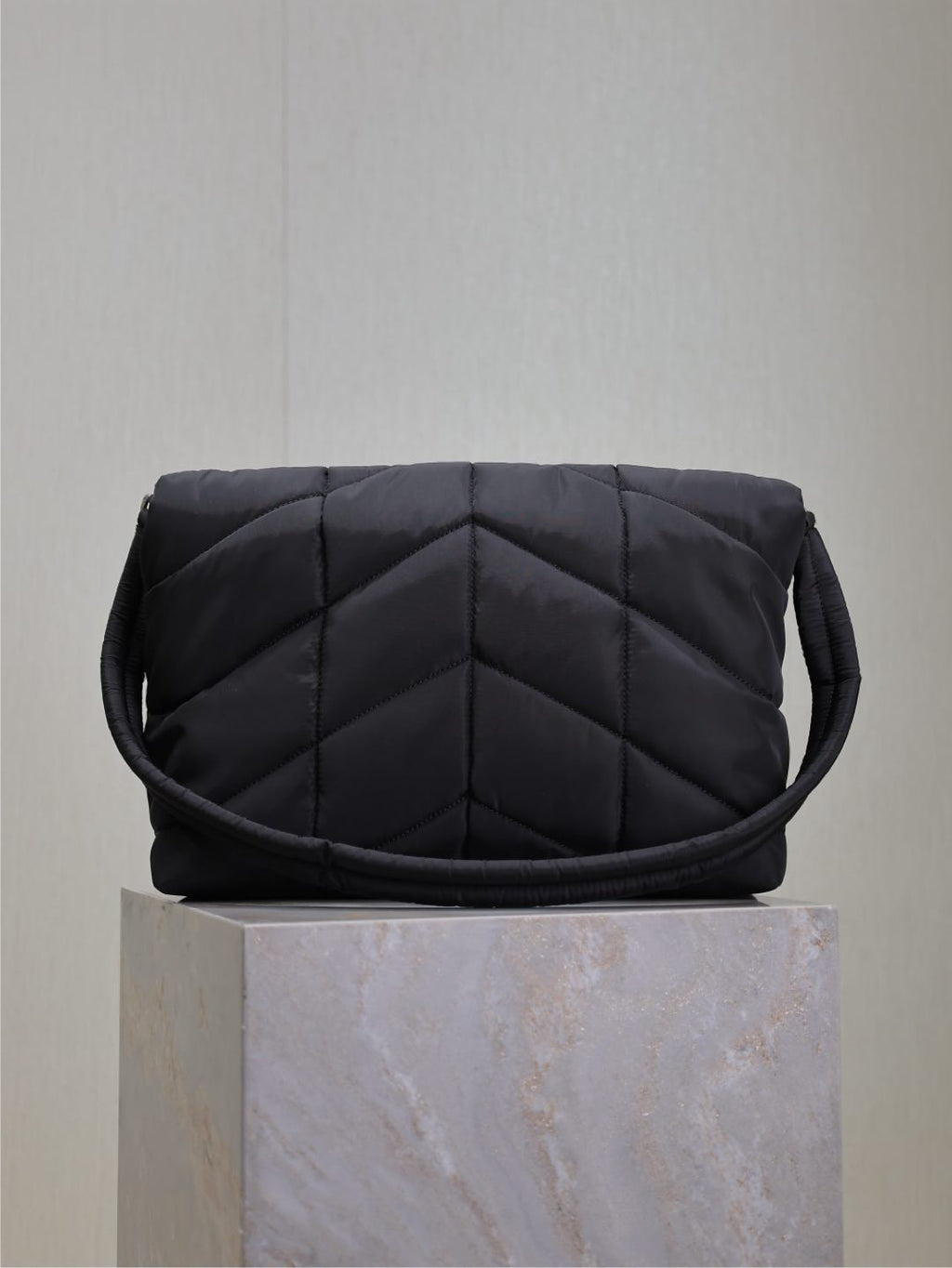 YSL 25S LOULOU PUFFER BAG 34 IN BLACK NYLON SILVER HARDWARE