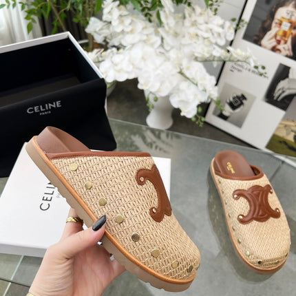 CELINE 26S TRIOMPHE MULES IN BEIGE RAFFIA AND BROWN CALFSKIN