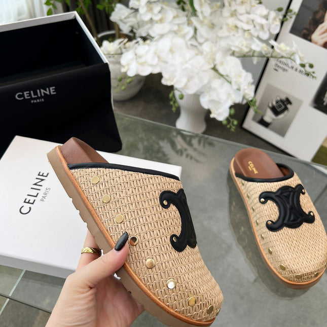 CELINE 26S TRIOMPHE MULES IN BEIGE RAFFIA AND BLACK CALFSKIN