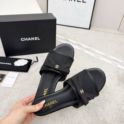 CHANEL 26S SLIDE SANDALS IN BLACK MESH AND CALFSKIN WITH RIBBON