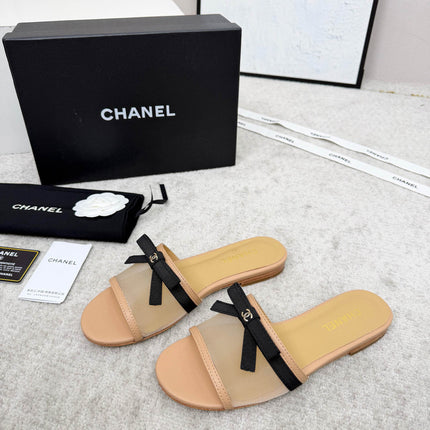 CHANEL 26S SLIDE SANDALS IN BEIGE MESH AND CALFSKIN WITH BLACK RIBBON